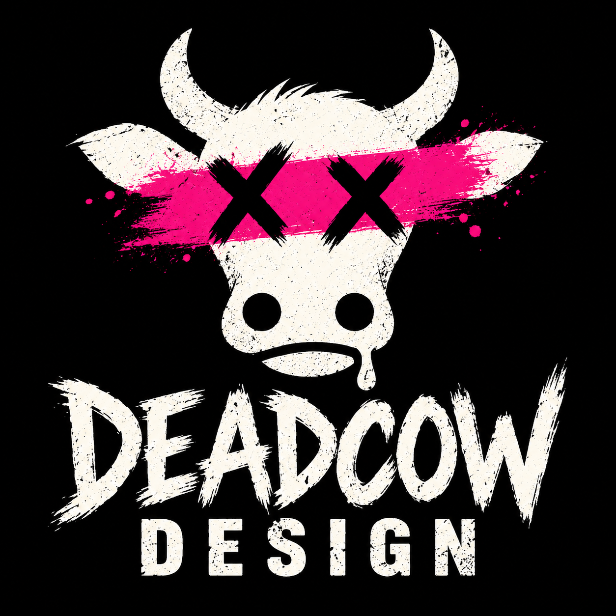 Deadcow Design: distressed white cow with black X eyes across a hot pink spray-painted stripe